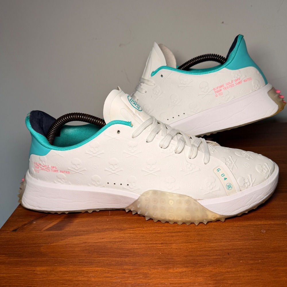 GFORE G.112 Golf Shoes Men 12 White Embossed Skull Blue Spikeless GMF000102 Snow